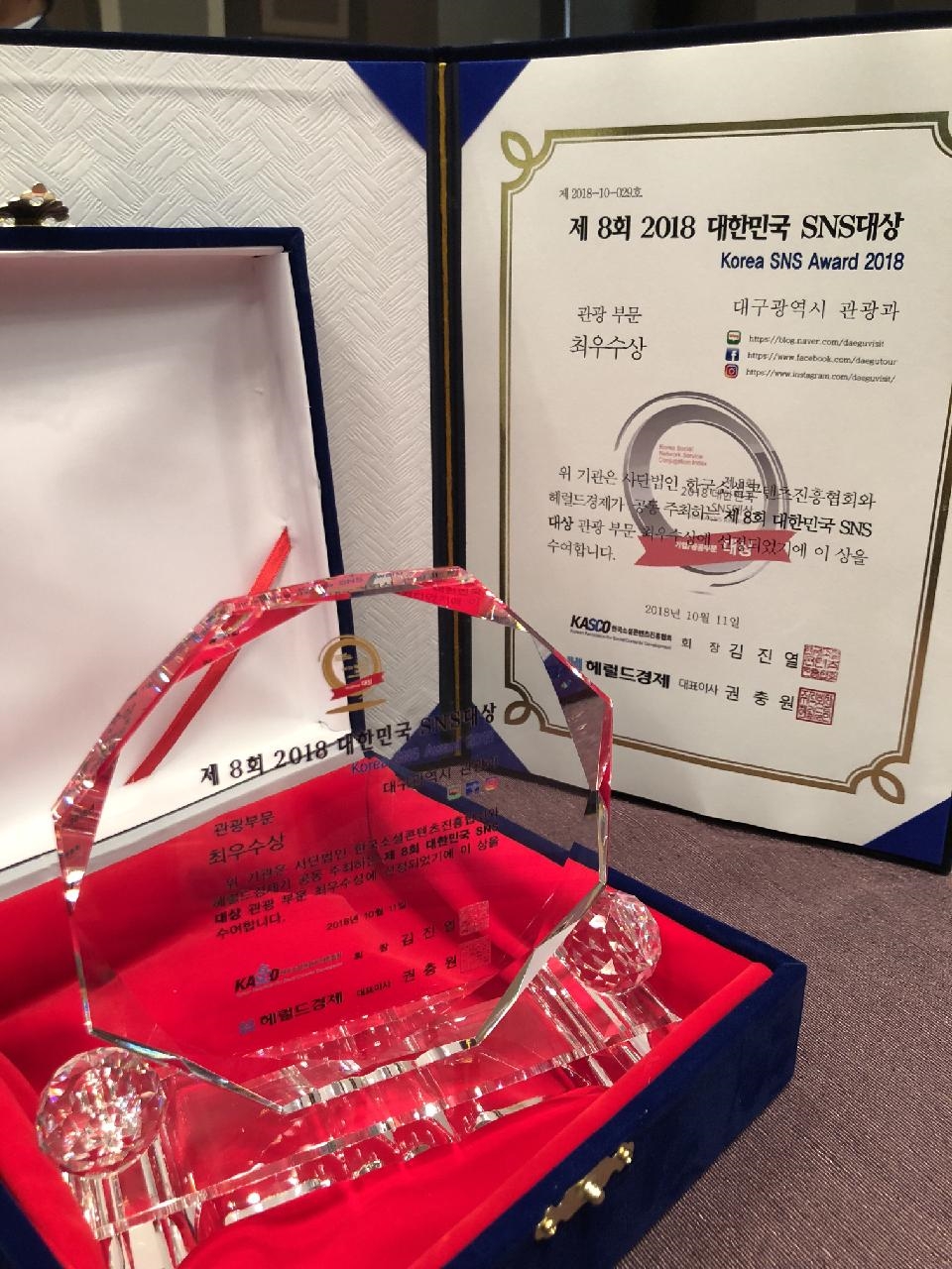 대구시, 제8회 대한민국SNS대상 관광부문 최우수상 수상