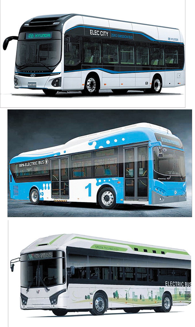 대구시가 내년부터 시범운행에 들어가기로 하고 예비 선정한 전기 시내버스 3개 모델. 시는 이 중 2개 업체 차량을 최종 선택할 예정이다. 왼쪽부터 현대자동차, 에디슨 모터스, 우진산전 전기버스. (대구시 제공)